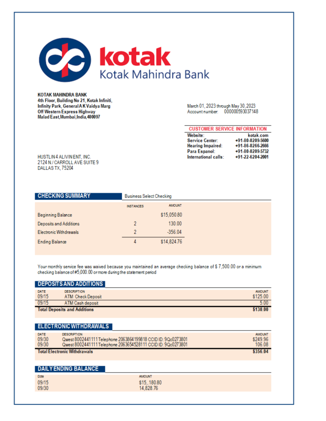 Modèle Word et PDF de déclaration d'entreprise de Kotak Mahindra Bank